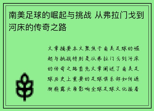 南美足球的崛起与挑战 从弗拉门戈到河床的传奇之路